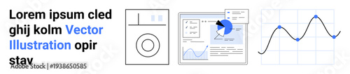 Data analysis, reporting, business intelligence, performance tracking, statistics, digital visualization. Graphs, charts and illustrations showing data trends. Data analysis and business