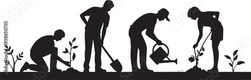Silhouettes of People Gardening in Sequence planting