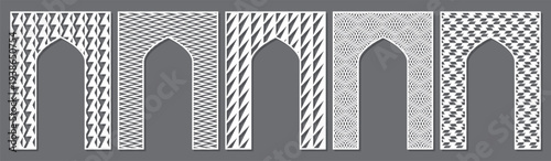 Set of arched decorative panels with abstract geometric patterns. Vector templates for laser cutting and CNC machines. Ideal for wall screens, partitions, wood panels and interior decoration.