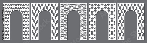 Set of decorative arched panels with geometric patterns for laser cutting. Vector templates for CNC, wood carving, metal cutting, wall decor screens, Islamic style arch panels.