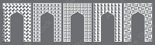 Decorative arched panels with ornamental geometric patterns. Vector templates for laser cutting and CNC machines. Perfect for wood carving, wall panels, screens, partitions and interior decor.