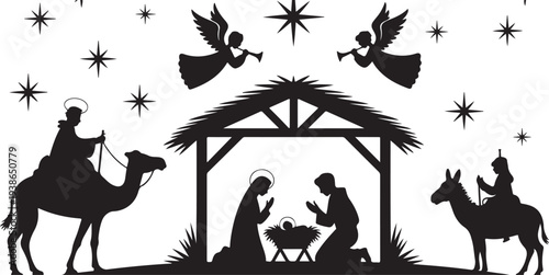 Nativity scene with camel rider and donkey rider Christmas