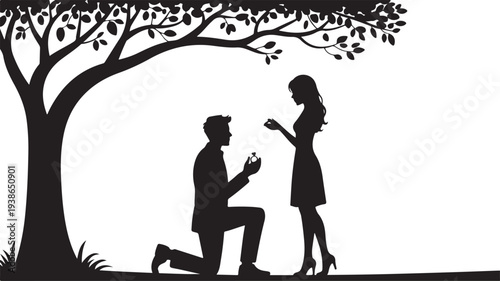 Man proposing to woman under tree silhouette proposal
