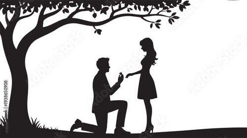 Man proposing to woman under tree silhouette proposal