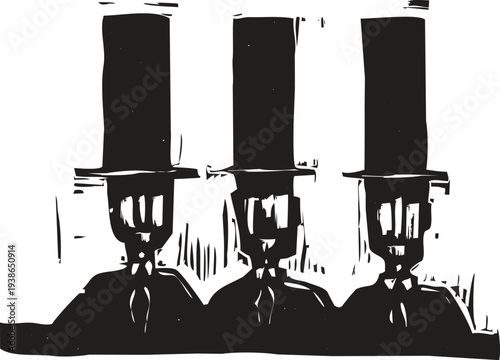 Woodcut style image of three bankers in top hats