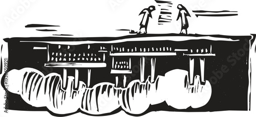 Woodcut style image of people looking down into a reflection of a factory