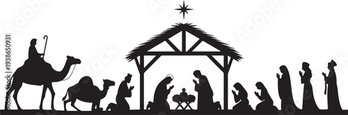 Detailed Nativity scene silhouette with camel and kings