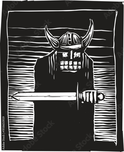Woodcut style image of a barbarian with a sword