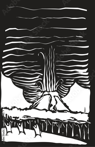 Woodcut style image of an erupting volcano