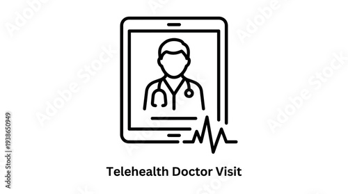 A minimalist outline icon showcasing a telehealth doctor's virtual consultation on a digital mobile device.