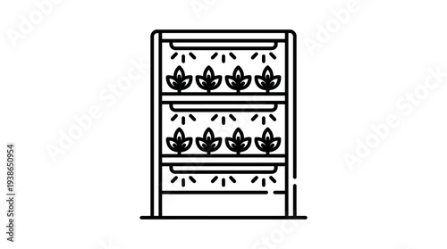 Modern vertical farming system icon featuring multiple illuminated shelves with plants growing hydroponically indoors, representing sustainable agriculture technology.