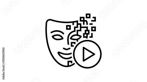 Digital avatar mask transforming into a video play button icon representing immersive interactive media content