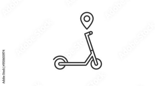 Simple outline icon of an electric kick scooter with a location pin symbol, representing urban mobility and rental services.