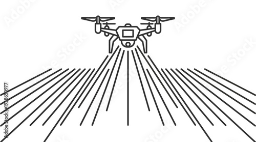 Detailed black and white vector illustration of a professional drone performing aerial surveillance with emitted scanning beams