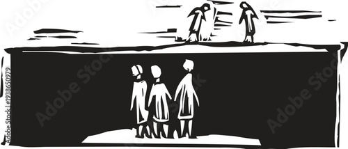 Woodcut style image of people separated by a gulf of water. 
