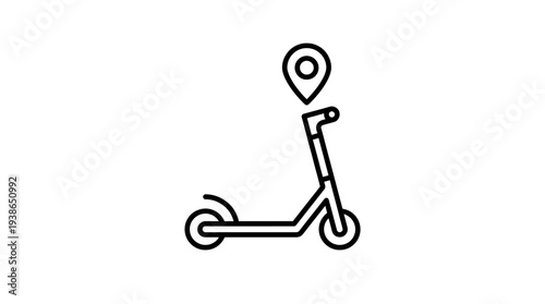 Minimalist black line icon representing an electric scooter with a location pin hovering above the handlebars.