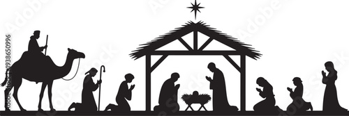 Nativity scene silhouette with camel and worshippers