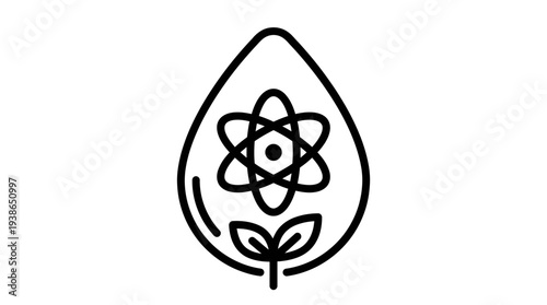 A striking line icon merges a scientific atom symbol with a green leaf and plant sprouts, illustrating biotechnology and sustainable energy concepts.