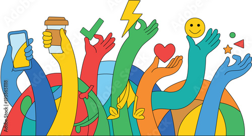 Colorful Human Hands Holding Icons – Social Media, Communication, Love and Positive Symbols Flat Illustration