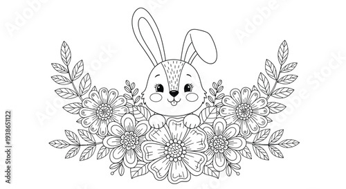 A cute baby bunny peeks over a detailed floral border.