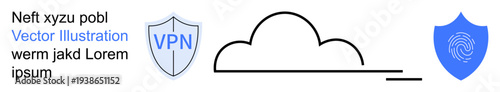 Online protection, VPN security, cloud storage, data privacy, identity authentication, internet services. Two shield icons and a cloud outline. Online protection and VPN security concept