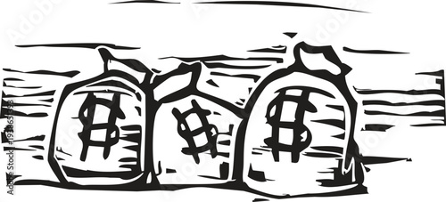 Woodcut style image of bags of money