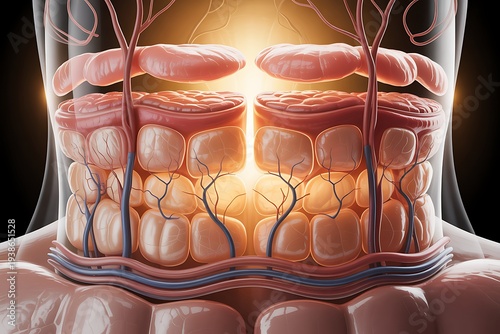 Detailed human skin cross section with fat cells and blood vessels