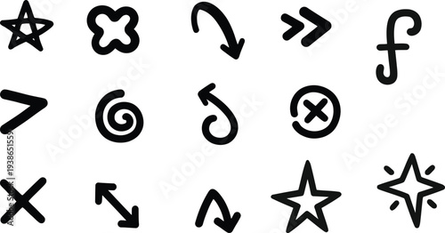 A collection of 15 unique black symbols and arrows on a white background