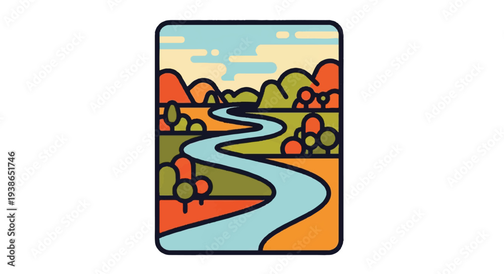 Obraz premium Scenic landscape illustration featuring river and hills in stylized design