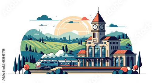 Illustrated train station with landscape scene