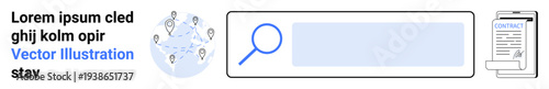 Data search, geolocation tools, digital identity, online forms, document access, mobile queries. Icons include globe with markers, magnifying glass and smartphone with document. Geolocation tools