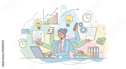 Multitasking businessman working on laptop and handling tasks efficiently.