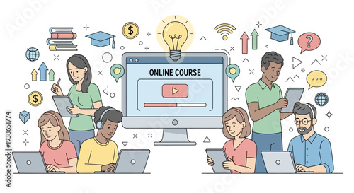 Group of people participating in an online course together on their laptops and tablets.