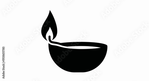 Stylized black silhouette of a traditional oil lamp with a flame on a white background