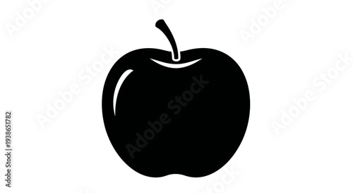 Black silhouette of a ripe apple with a stem and a curved highlight on a white background desi