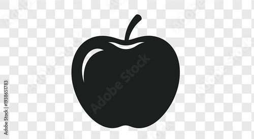 Simple black silhouette of an apple with a stem and a curved highlight on a transparent checkered