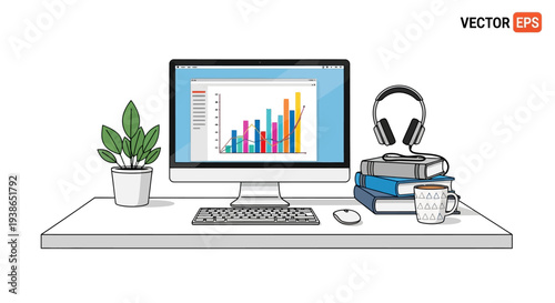 Computer workstation with monitor displaying colorful bar graph and office supplies.