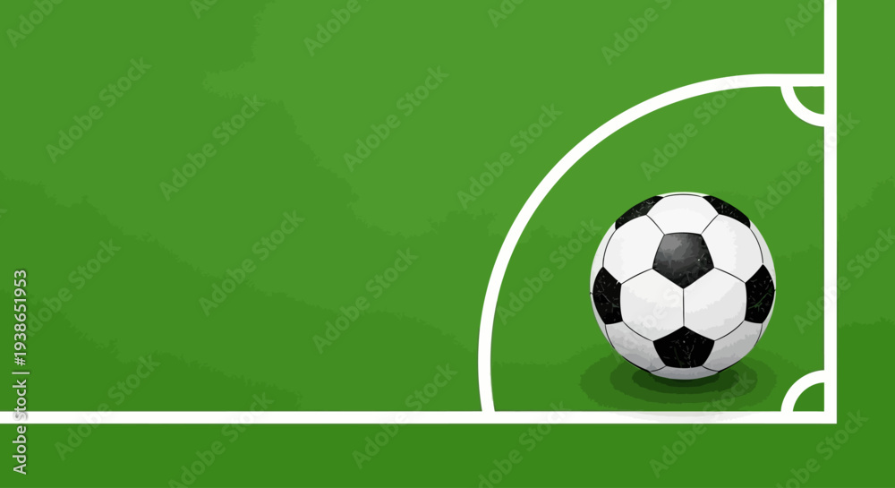 Naklejka premium Vibrant green football field with a classic black and white soccer ball positioned in the corner kick area, ready for a strategic play, representing the excitement of competitive sports