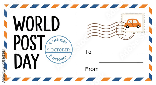 World Post Day commemorative postcard design featuring a postal stamp, a delivery car, and an airmail border for global communication on October 9th