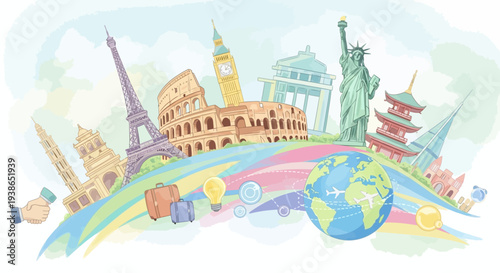 Colorful illustration of famous landmarks and travel symbols around the world.