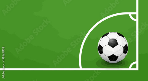 Vibrant green football field with a classic black and white soccer ball positioned in the corner kick area, ready for a strategic play, representing the excitement of competitive sports