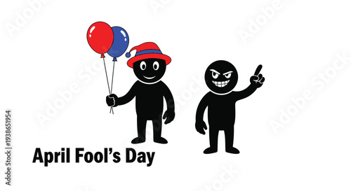 Two cartoon figures celebrate April Fool's Day with balloons.