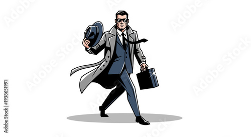 Cartoon businessman walking with briefcase and motorcycle helmet.