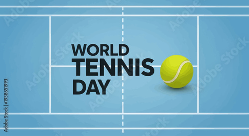 Celebrate World Tennis Day with a vibrant tennis court design, showcasing a classic yellow tennis ball on a crisp blue surface, perfect for sports event promotions and athletic awareness