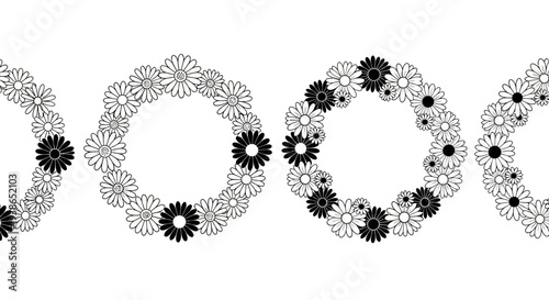 Dynamic black and white floral wreaths showcasing a sequential pattern shift, perfect for loading animations or abstract graphic elements with a minimalist natural touch