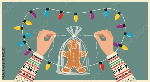 Hands decorate a gingerbread man with Christmas lights and festive sweater, a holiday baking tradition