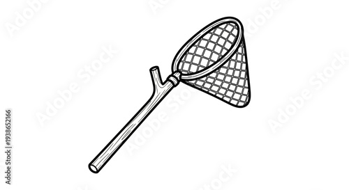 Simple line art illustration of a handheld net, ideal for catching insects, small fish, or for general outdoor exploration and leisure activities, rendered in a clean, graphic style
