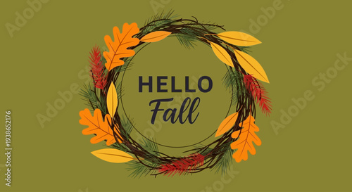 Vibrant autumnal greeting card design featuring a decorative wreath of colorful fall leaves and natural elements, celebrating the essence of the harvest season