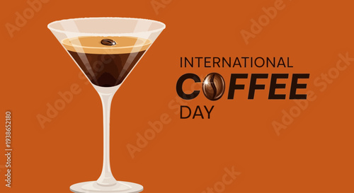 Commemorating International Coffee Day with a Chic Cocktail Glass Featuring a Rich Coffee Brew Illustration