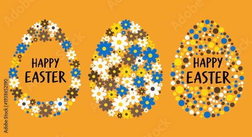 Vibrant floral and dot patterned Easter eggs on an orange background, celebrating spring holidays with a cheerful and decorative design